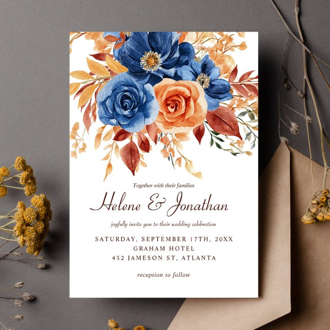 Navy Blue Orange Terracotta Elegant Wedding Invitation (Navy Blue Orange Terracotta Elegant Wedding Invitation)