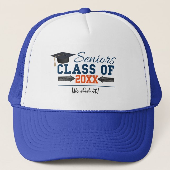 Navy Blue Orange Typography Graduation Hat (Front)
