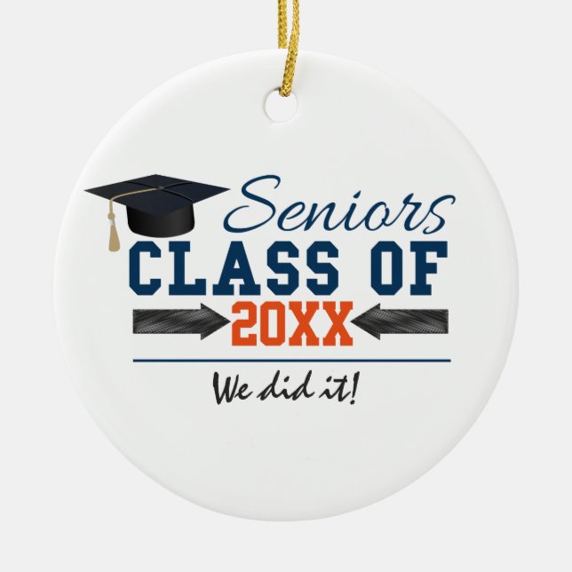 Navy Blue Orange Typography Graduation ornament (Front)