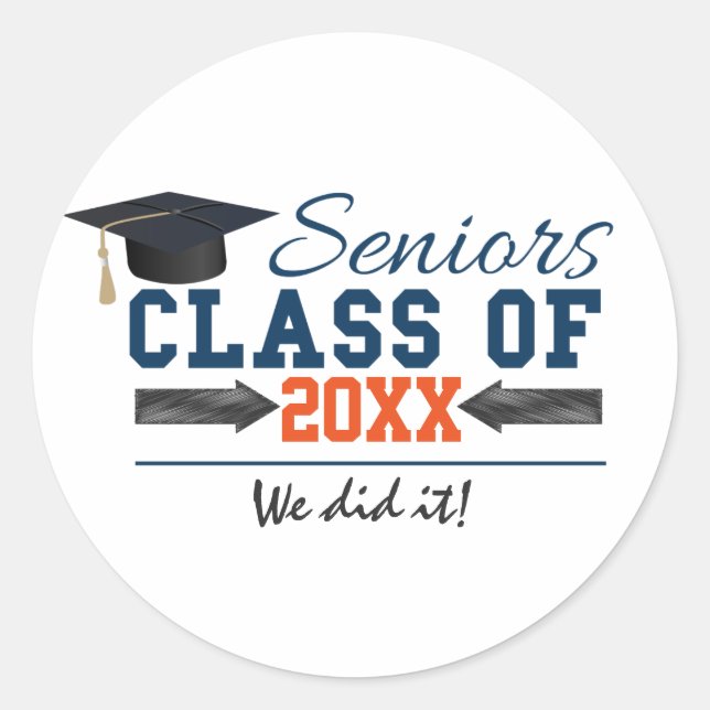 Navy Blue Orange Typography Graduation  Stickers (Front)