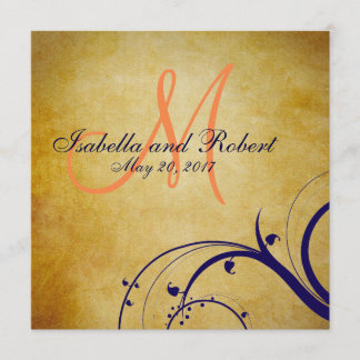 Navy Blue Orange Vintage Wedding Invitation