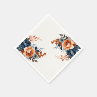 Navy Blue Orange Watercolor Floral Napkin