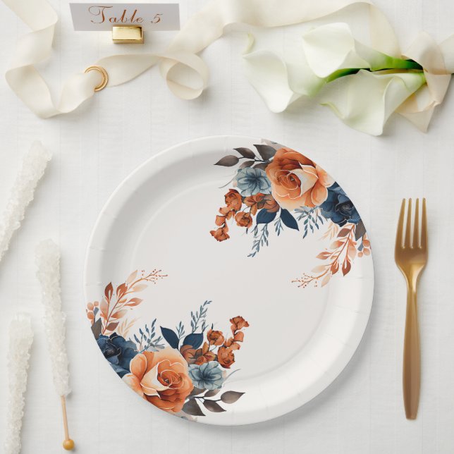 Navy Blue Orange Watercolor Floral Paper Plate (Wedding)