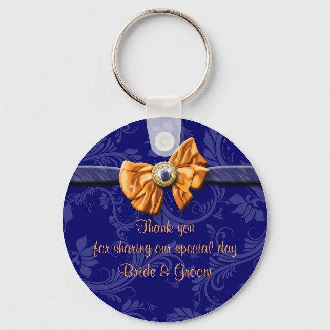 Navy blue orange wedding "thank you" theme keychain (Front)