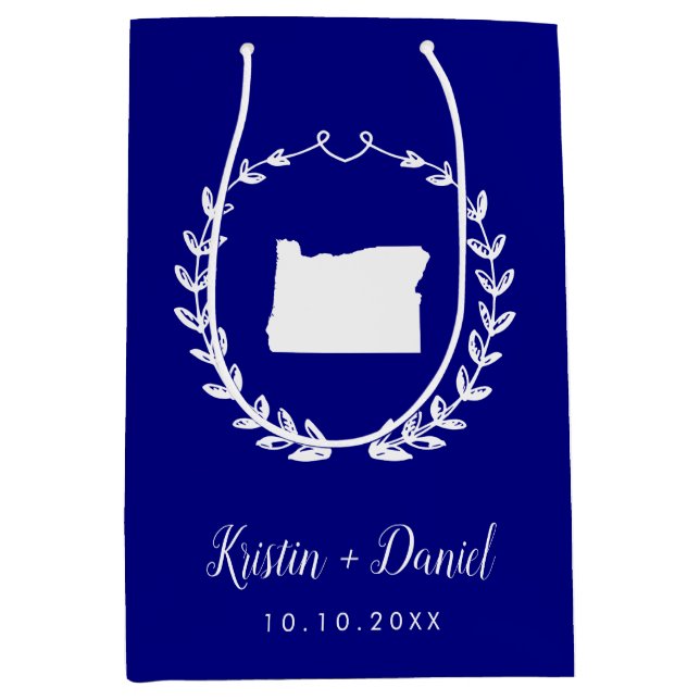Navy Blue Oregon Map Wedding Welcome Swag Medium Gift Bag (Front)