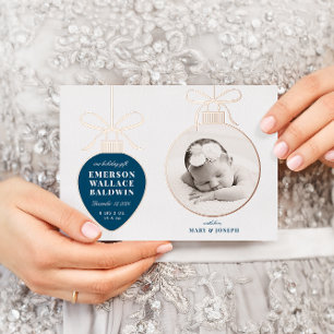 Navy Blue Ornament Baby Announcement Holiday Card