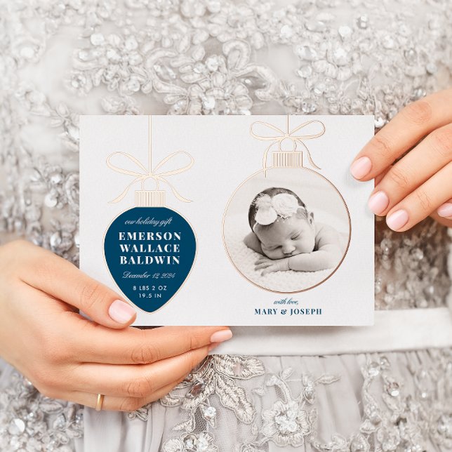 Navy Blue Ornament Baby Announcement Holiday Card (Creator Uploaded)