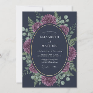 Navy Blue Ornate Botanical Wedding Invitation