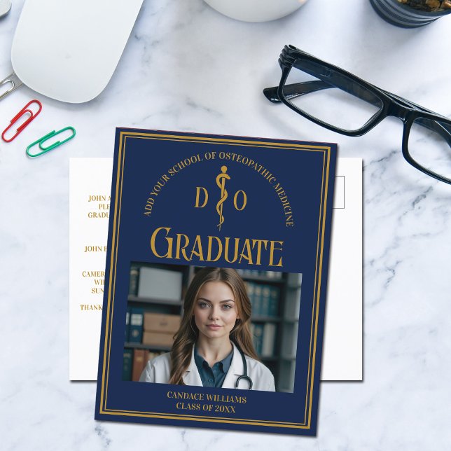 Navy Blue Osteopathic Medical School Graduation Announcement Postcard (Creator Uploaded)