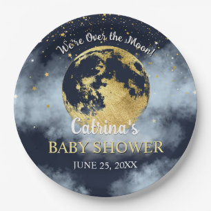 Navy Blue Over the Moon and Stars Baby Shower Paper Plate