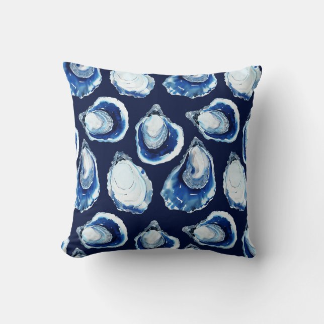 Navy Blue Oyster Half Shell Coastal Theme Throw Pillow (Front)