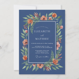 Navy Blue Painterly Floral Romance Wedding Invitation