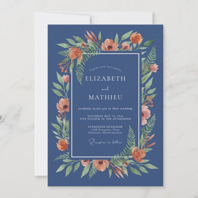 Navy Blue Painterly Floral Romance Wedding Invitation (Front)