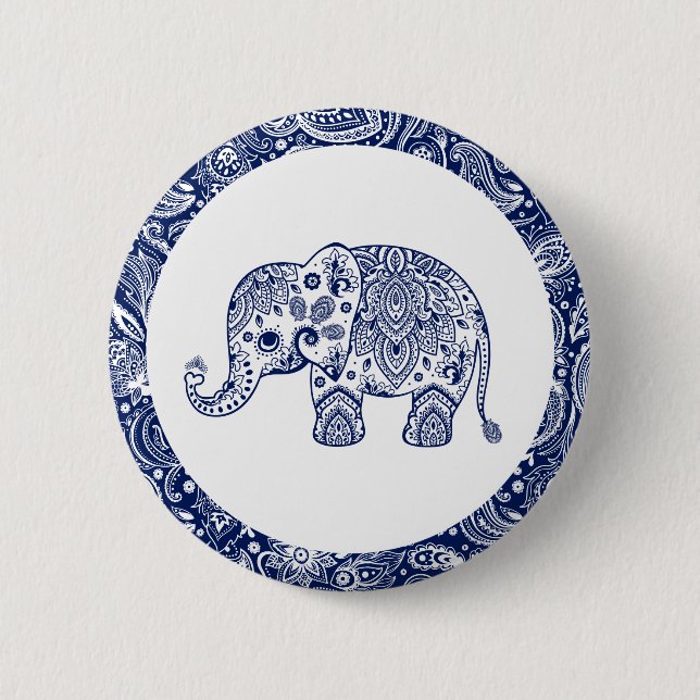 Navy Blue Paisley Elephant 2 Inch Round Button (Front)
