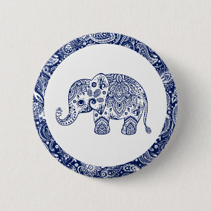 Navy Blue Paisley Elephant 2 Inch Round Button
