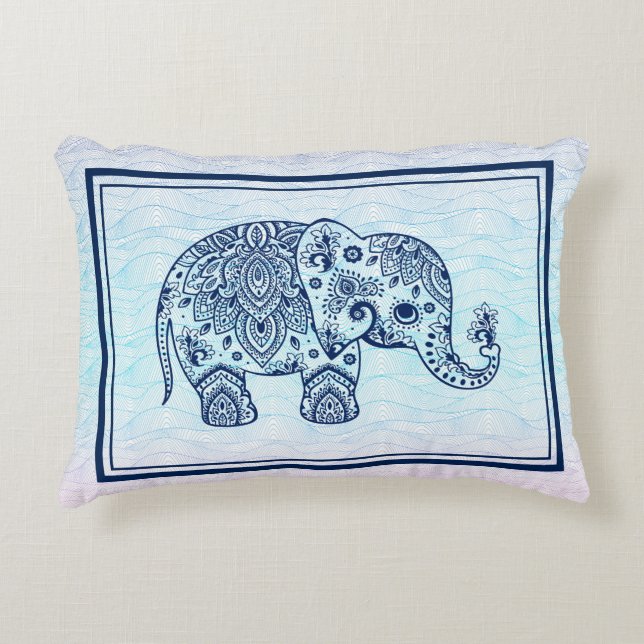 Navy-Blue paisley Elephant Illustration Accent Pillow (Front)