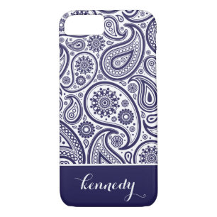 Navy Blue Paisley Floral Pattern Monogram Name Case-Mate iPhone Case