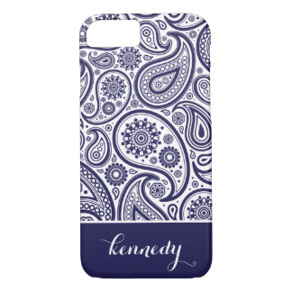Navy Blue Paisley Floral Pattern Monogram Name Case-Mate iPhone Case