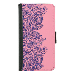 Navy-Blue Paisley lace With Pink Background Samsung Galaxy S5 Wallet Case