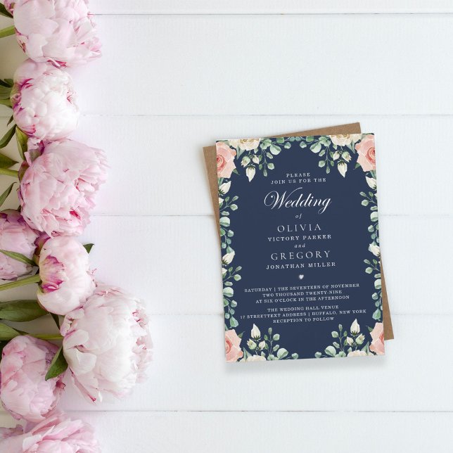 Navy Blue, Pale Pink Floral Wedding Invitation (Creator Uploaded)