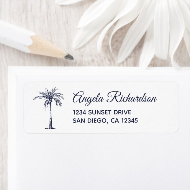 Navy Blue Palm Tree Beach Wedding Adresse de retou (En situation)