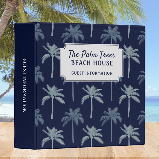 Navy Blue Palm Trees Beach House Guest Information Binder (In situ)
