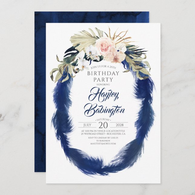 Navy Blue Pampas Grass Tropical Birthday Party Invitation (Front/Back)