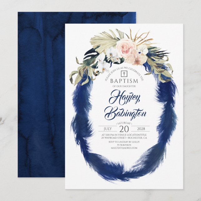 Navy Blue Pampas Grass Tropical Floral Baptism Invitation (Front/Back)