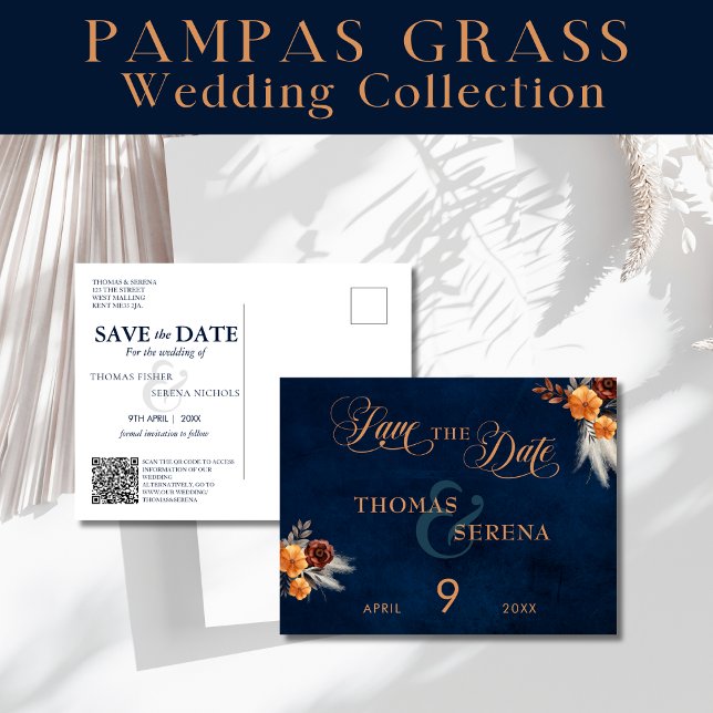 Navy Blue Pampas Grass Wedding Save The Date  Postcard (Creator Uploaded)