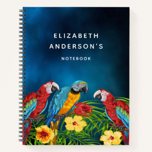Navy blue parrots birds florals name notebook