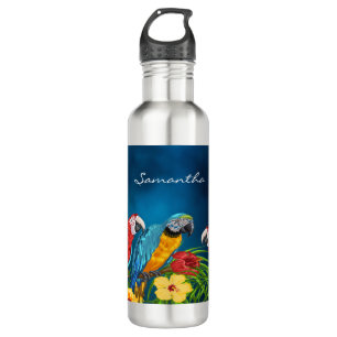 Navy blue parrots birds name script 710 ml water bottle