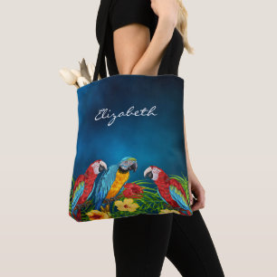 Navy blue parrots birds name script tote bag