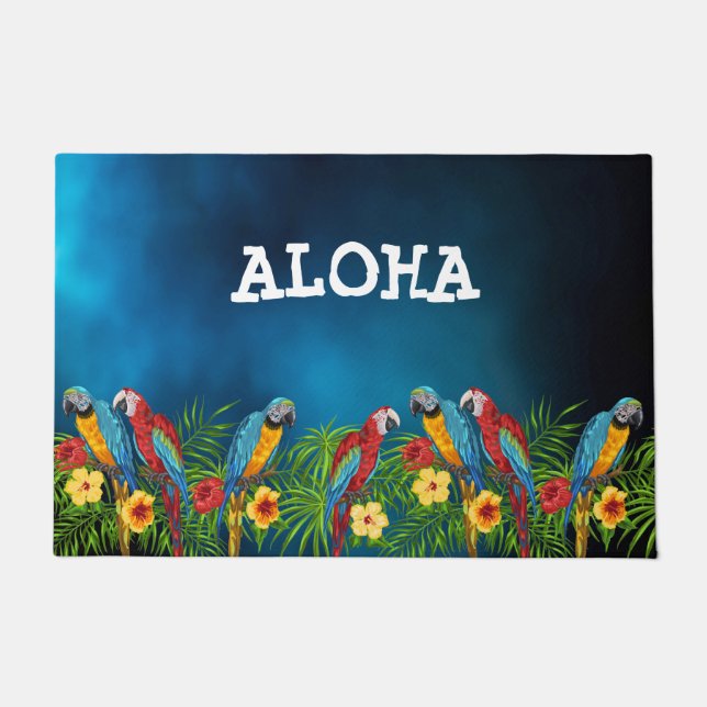 Navy blue parrots birds summer aloha doormat (Front)