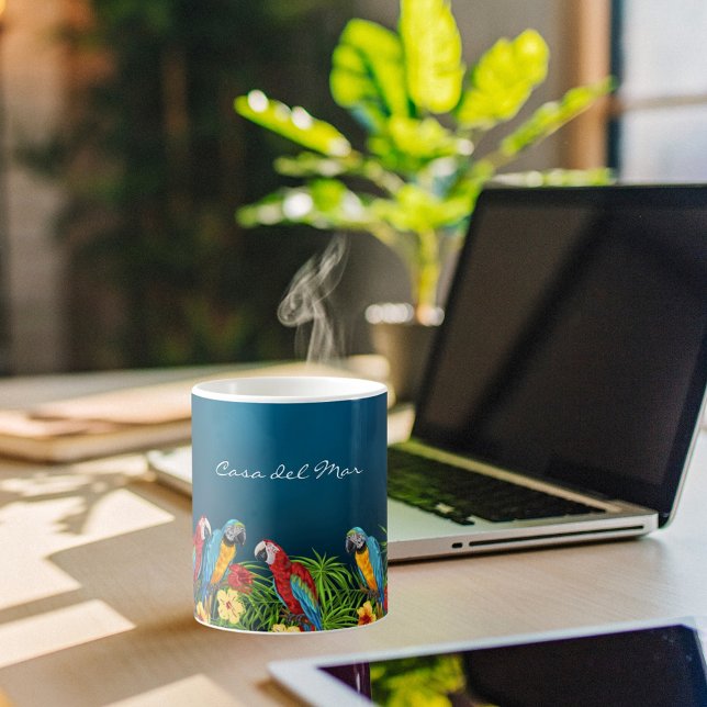 Navy blue parrots leaves summer house name coffee mug (Creator Uploaded)