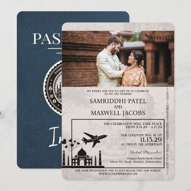 Navy Blue Passport Wedding Invitation (Front/Back)