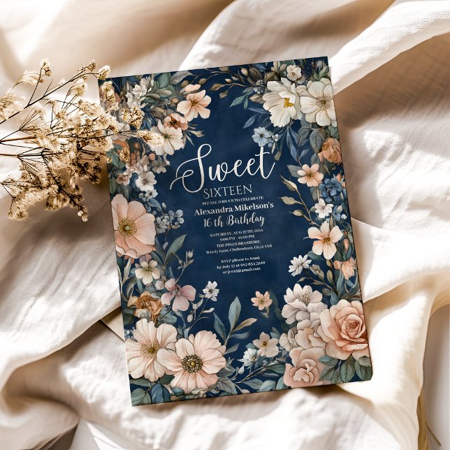 Navy Blue Pastel Wildflowers Sweet 16 Invitation (Creator Uploaded)