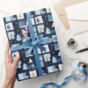 Navy Blue Patchwork Christmas Gift Wrapping Paper