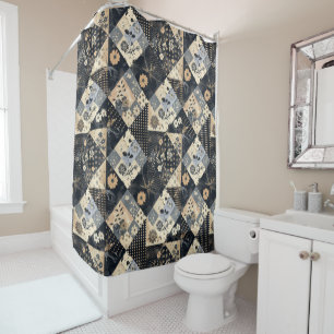 Navy Blue Patchwork Quilt Rustic Floral Retro 