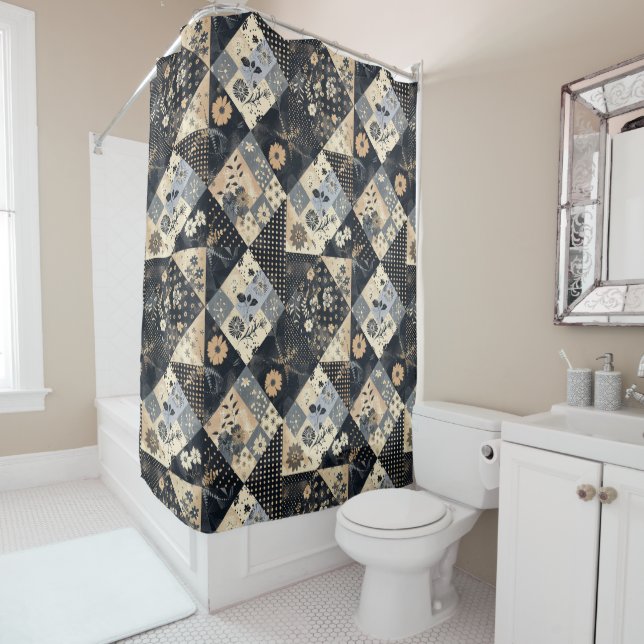 Navy Blue Patchwork Quilt Rustic Floral Retro  (In Situ)