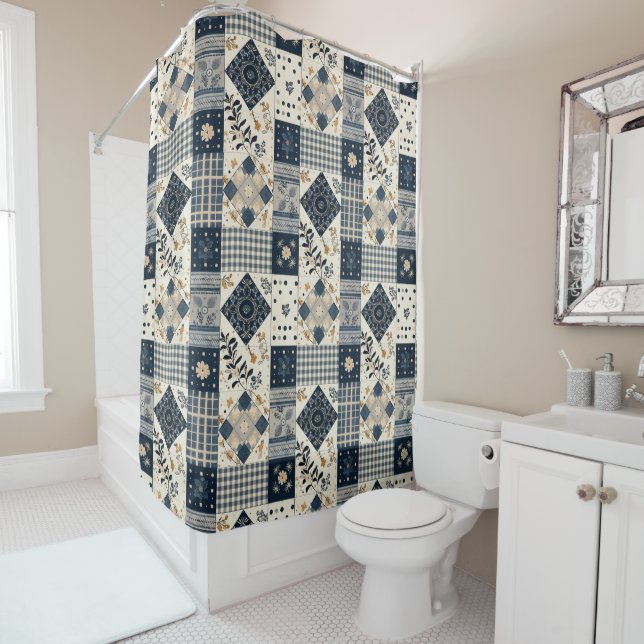 Navy Blue Patchwork Quilt Rustic Floral Retro  (In Situ)