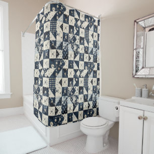 Navy Blue Patchwork Quilt Rustic Floral Retro 