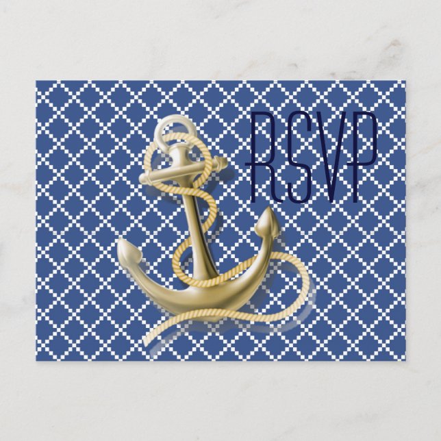 Navy Blue pattern anchor nautical wedding rsvp Invitation Postcard (Front)