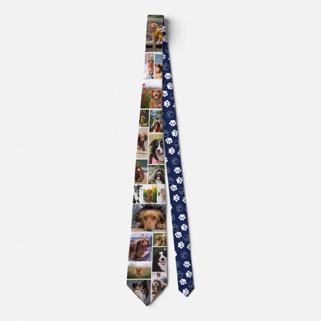 Navy Blue Paw Print Pattern Dog Photo Collage Tie (Front)