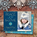 Navy Blue Peace Joy Love Photo Snowflake Real Gold Foil Holiday Card<br><div class="desc">“Peace, joy & love.” A fun, playful, real gold foil and turquoise blue snowflake illustration, real gold foil confetti dots, and real gold foil and turquoise modern typography on a navy blue background, along with the custom photo of your choice, help you usher in the holiday season. A random faux...</div>