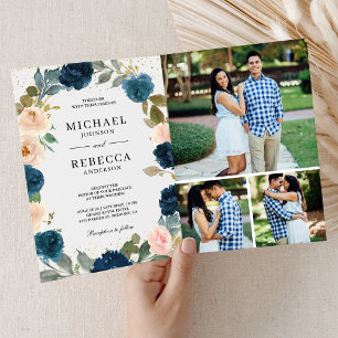 Navy Blue Peach Floral All in One QR Code Wedding Invitation
