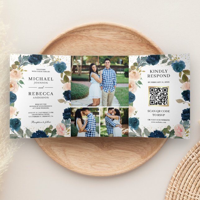 Navy Blue Peach Floral All in One QR Code Wedding Tri-Fold Invitation (Creator Uploaded)