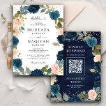 Navy Blue Peach Floral QR Code Muslim Wedding Invitation<br><div class="desc">Amaze your guests with this elegant islamic wedding invite featuring beautiful flowers and modern typography with QR Code for online RSVP. Simply add your event details on this easy-to-use template to make it a one-of-a-kind invitation.</div>