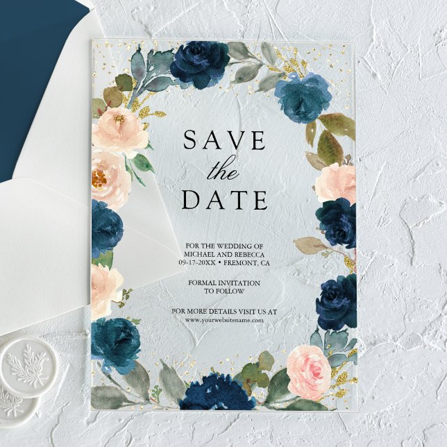 Navy Blue Peach Floral Wedding Save the Date Acrylic Invitations (Creator Uploaded)