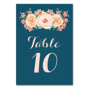 Navy Blue Peach Floral Wedding Table Number Cards