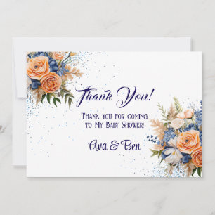 Navy Blue Peach Floral Wedding Thank You Cards